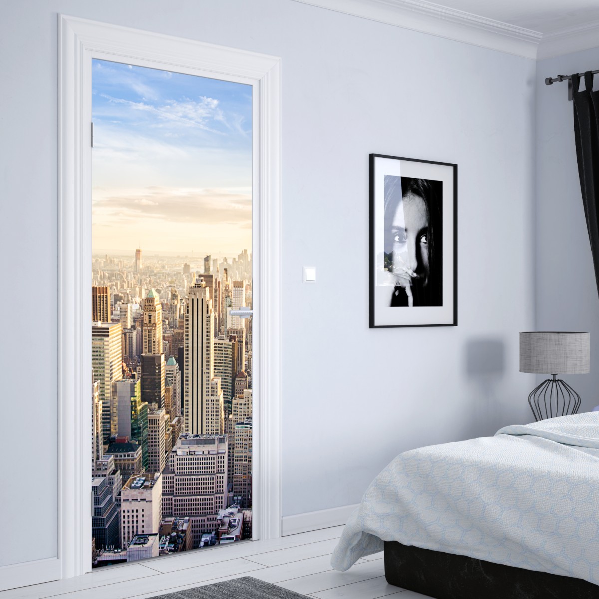 Naklejka na drzwi panorama Nowego Jorku o wschodzie słońca – Wallissimo® Naklejka na drzwi panorama Nowego Jorku o wschodzie słońca – Wallissimo®