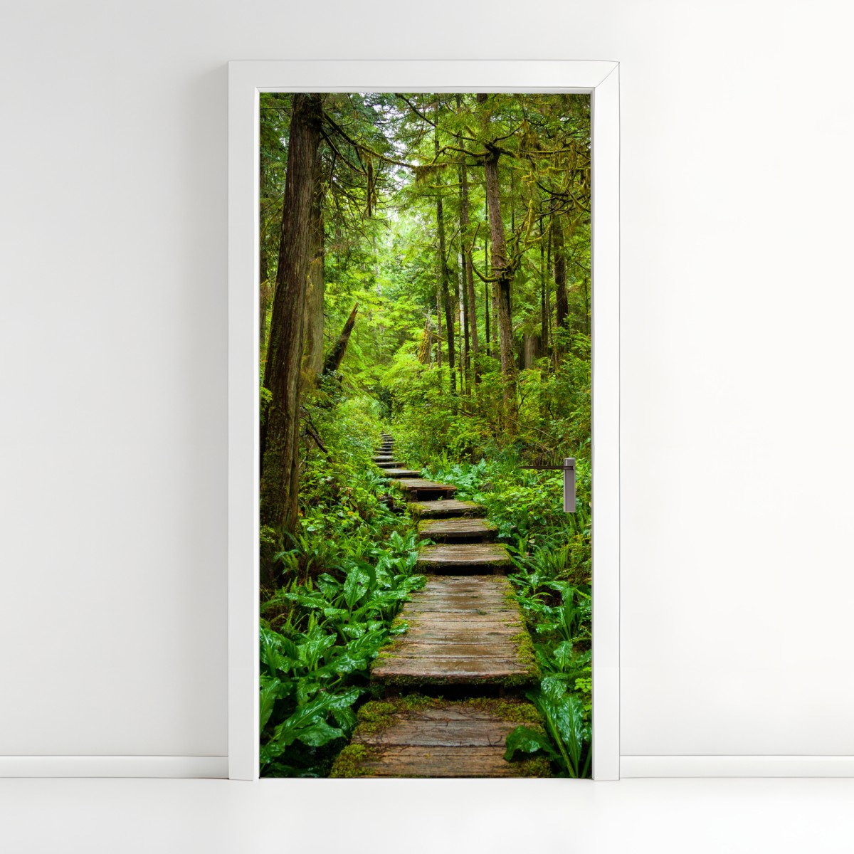 Door sticker serene forest boardwalk path