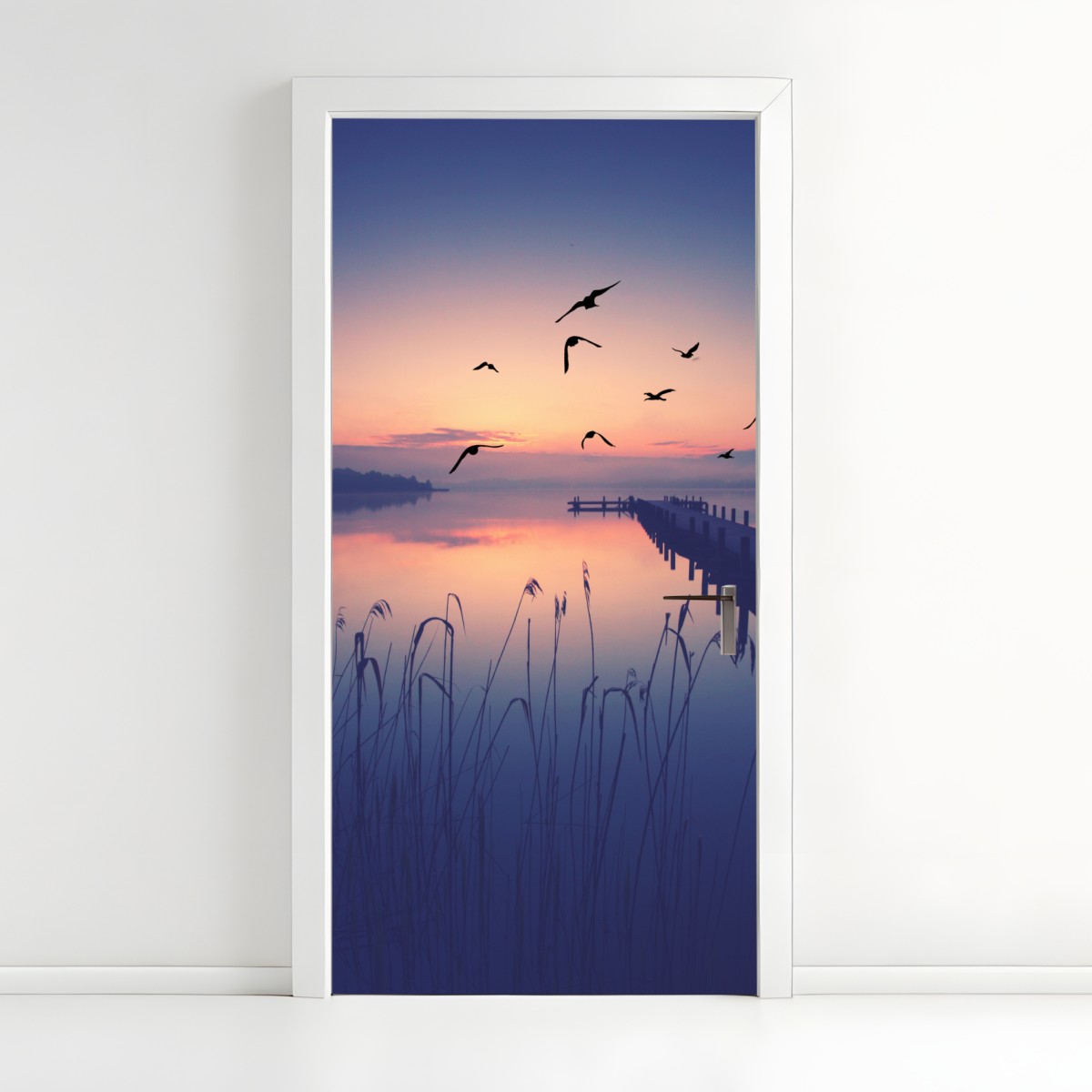 Door sticker serene lakeside sunrise with birds