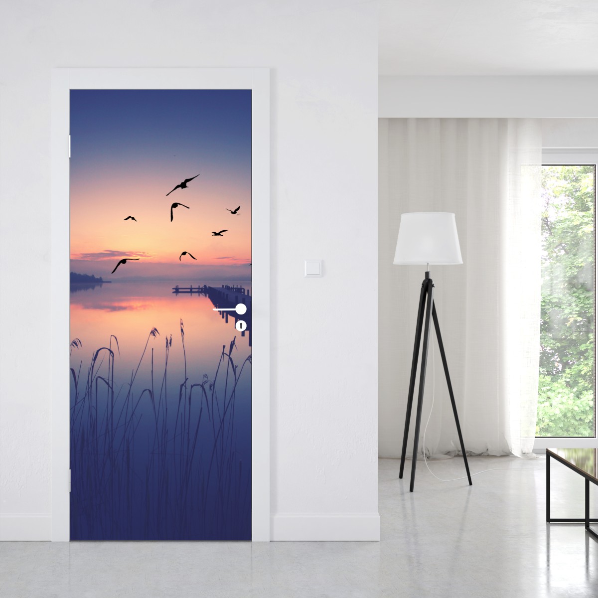 Naklejka na drzwi spokojny wschód nad jeziorem z ptakami – Wallissimo® Naklejka na drzwi spokojny wschód nad jeziorem z ptakami – Wallissimo®