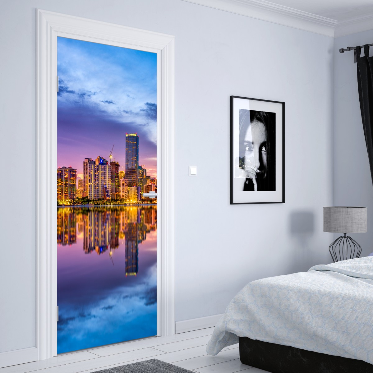 Naklejka na drzwi Miami panorama odbita w Biscayne Bay – Wallissimo® Naklejka na drzwi Miami panorama odbita w Biscayne Bay – Wallissimo®