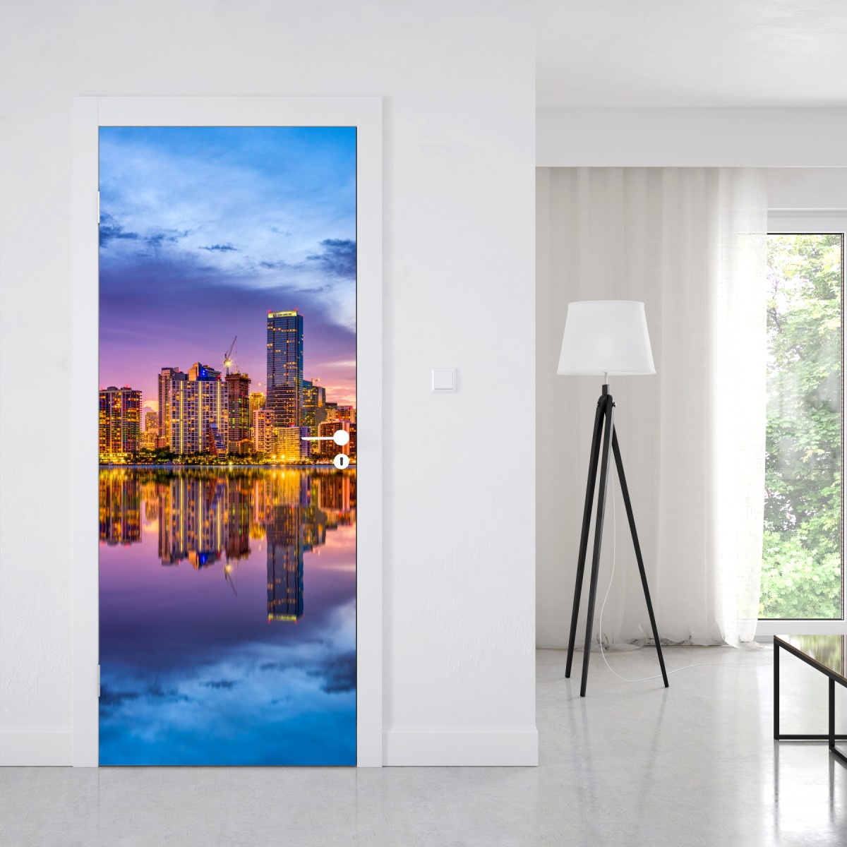 Naklejka na drzwi Miami panorama odbita w Biscayne Bay – Wallissimo® Naklejka na drzwi Miami panorama odbita w Biscayne Bay – Wallissimo®