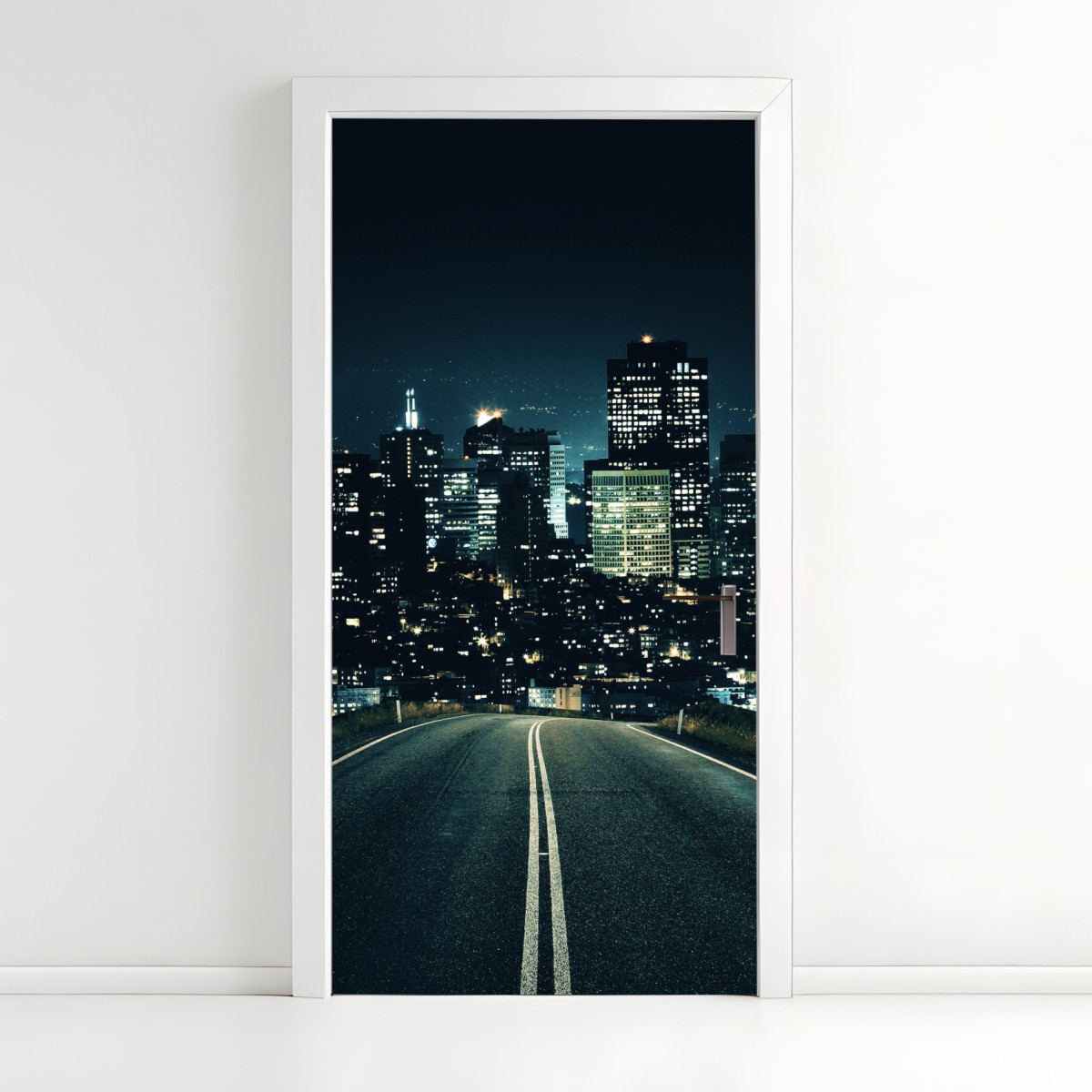 Door sticker road to illuminated city skyline at night