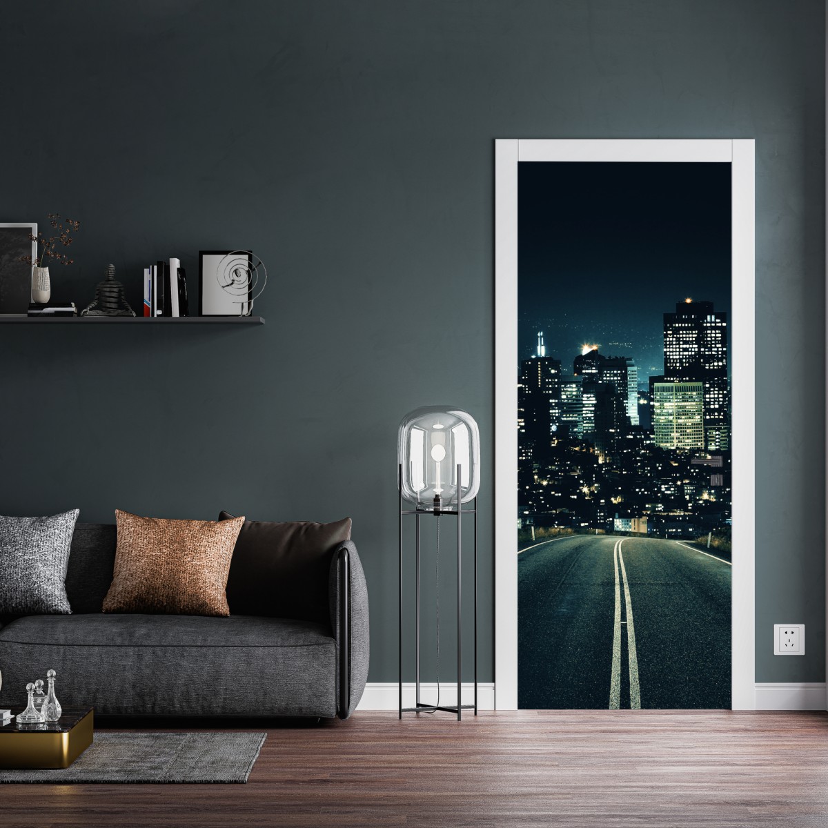Naklejka na drzwi droga prowadząca do oświetlonej panoramy miasta nocą – Wallissimo® Naklejka na drzwi droga prowadząca do oświetlonej panoramy miasta nocą – Wallissimo®