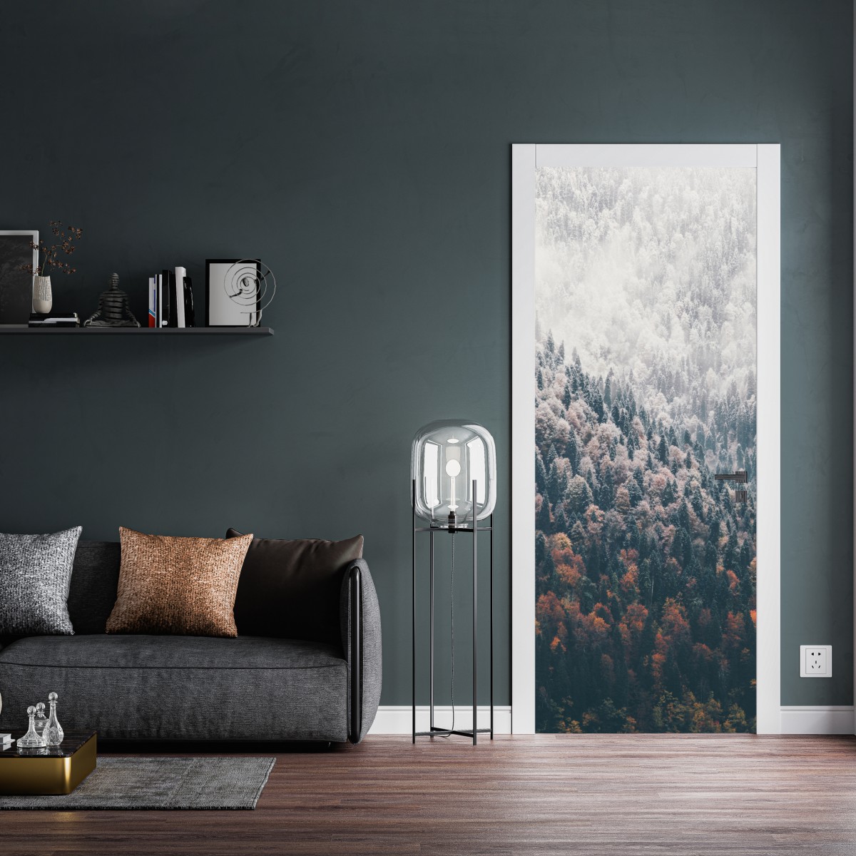 Naklejka na drzwi mglisty jesienny las na śnieżnej górze – Wallissimo® Naklejka na drzwi mglisty jesienny las na śnieżnej górze – Wallissimo®