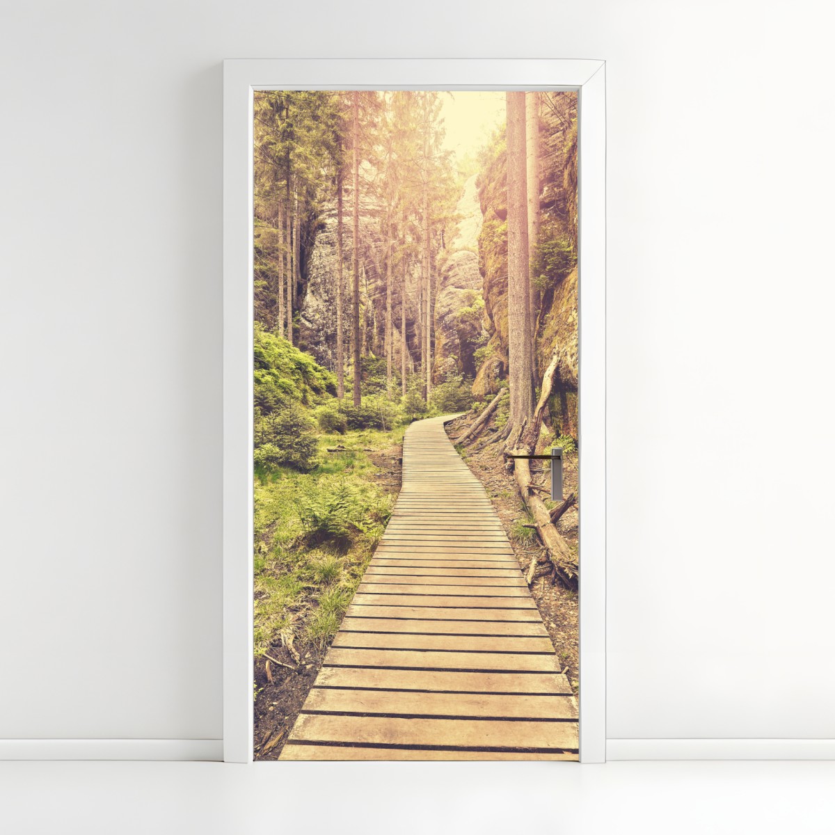 Door sticker sunlit wooden path in Adrspach Teplice