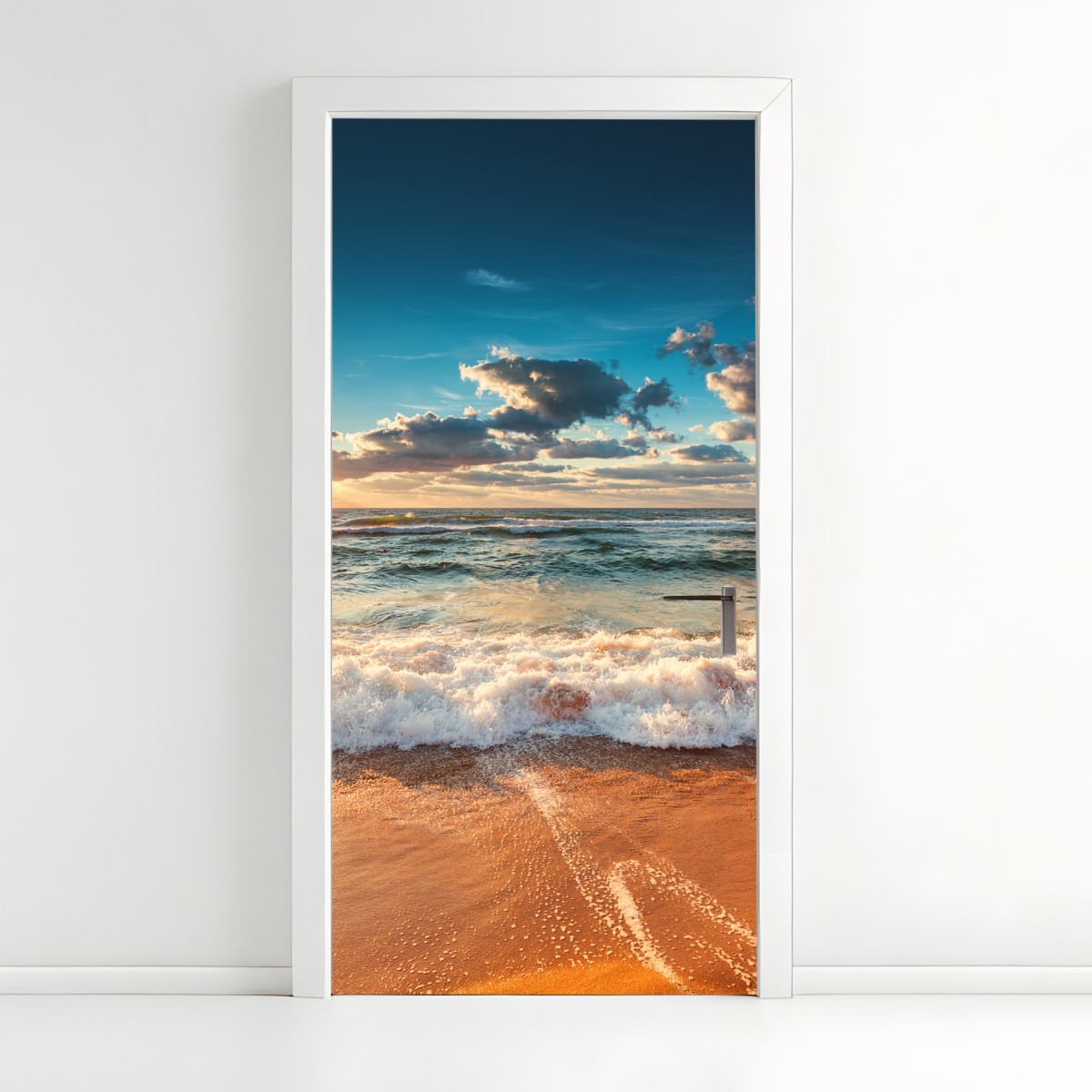 Door sticker golden sunrise over the ocean shore