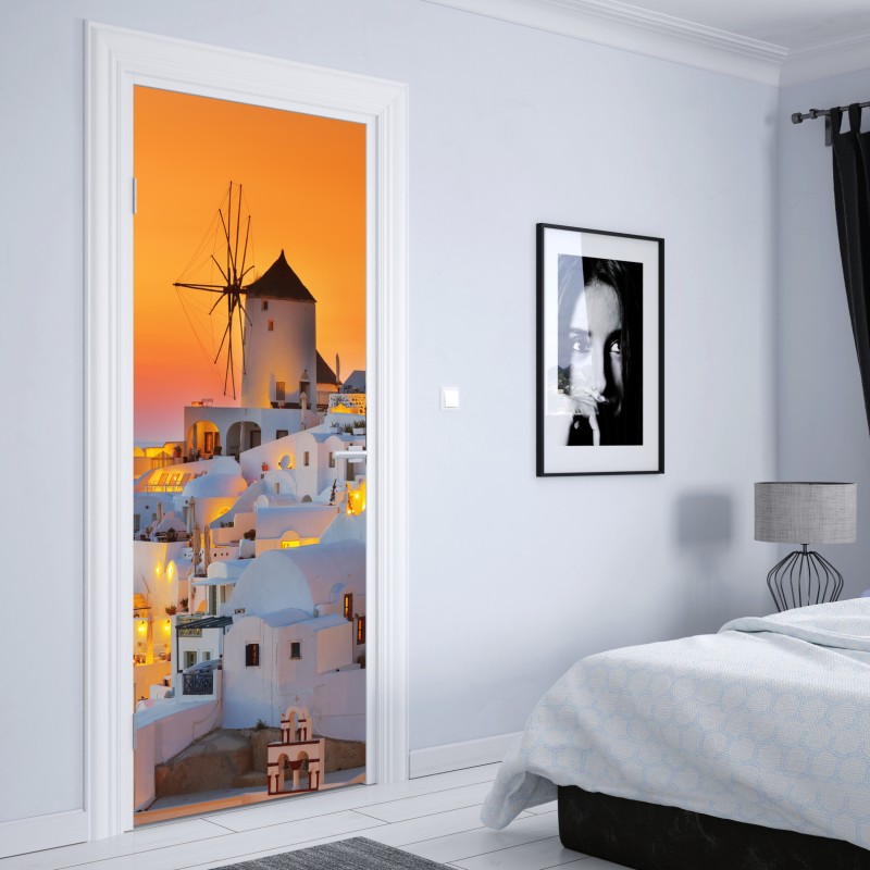 Naklejka na drzwi złoty zachód słońca w Oia, Santorini – Wallissimo® Naklejka na drzwi złoty zachód słońca w Oia, Santorini – Wallissimo®