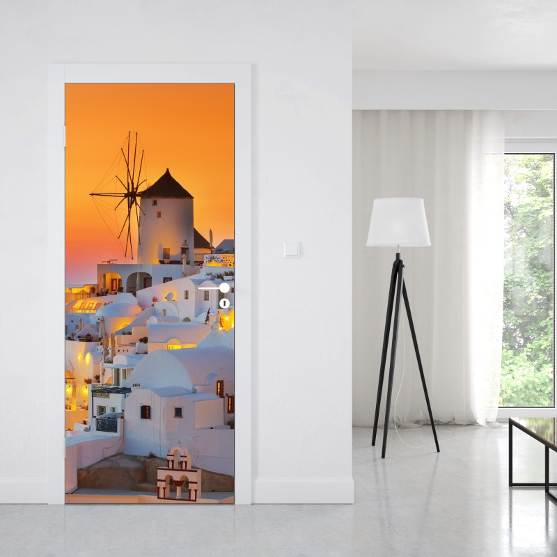 Naklejka na drzwi złoty zachód słońca w Oia, Santorini – Wallissimo® Naklejka na drzwi złoty zachód słońca w Oia, Santorini – Wallissimo®