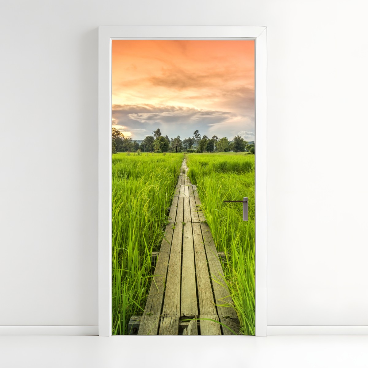 Door sticker sunset over a wooden bridge in Khonburi