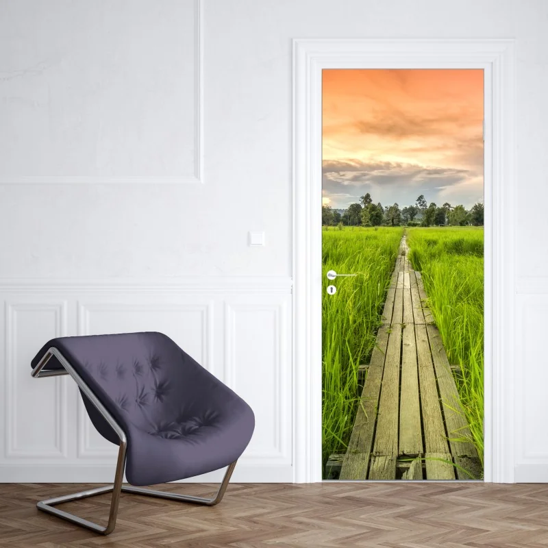 Naklejka na drzwi zachód słońca nad drewnianym mostem w Khonburi – Wallissimo® Naklejka na drzwi zachód słońca nad drewnianym mostem w Khonburi – Wallissimo®