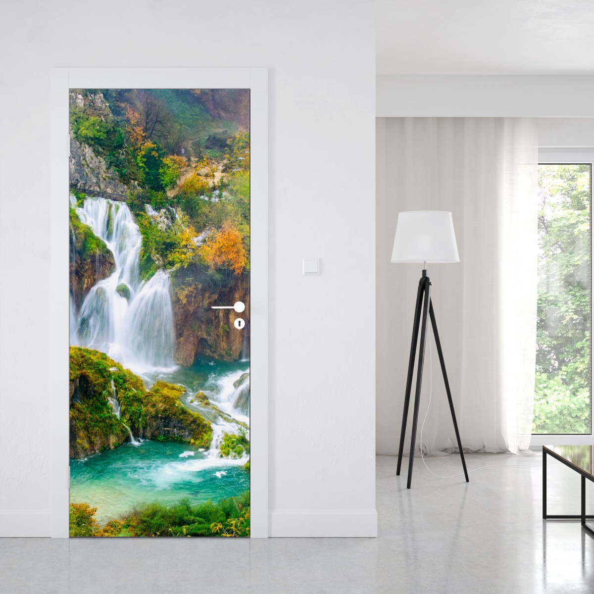 Naklejka na drzwi turkusowy wodospad jesienią – Wallissimo® Naklejka na drzwi turkusowy wodospad jesienią – Wallissimo®