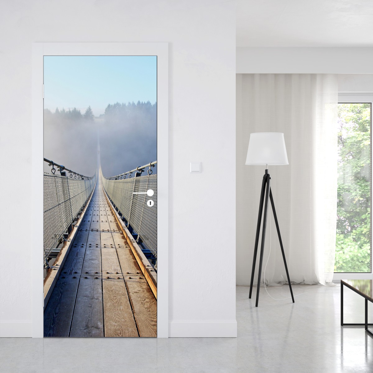 Naklejka na drzwi mglisty wiszący most prowadzący w las – Wallissimo® Naklejka na drzwi mglisty wiszący most prowadzący w las – Wallissimo®