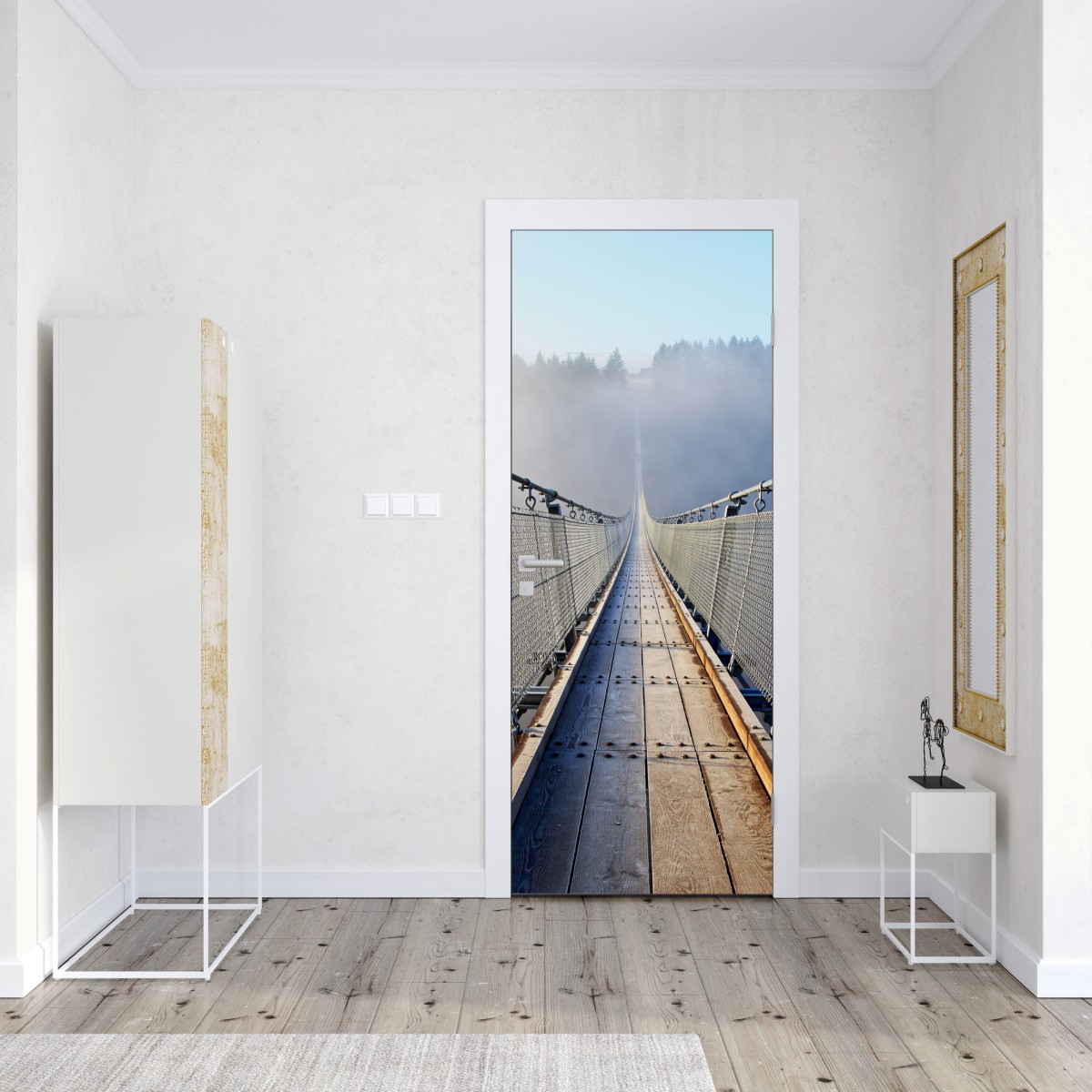 Naklejka na drzwi mglisty wiszący most prowadzący w las – Wallissimo® Naklejka na drzwi mglisty wiszący most prowadzący w las – Wallissimo®