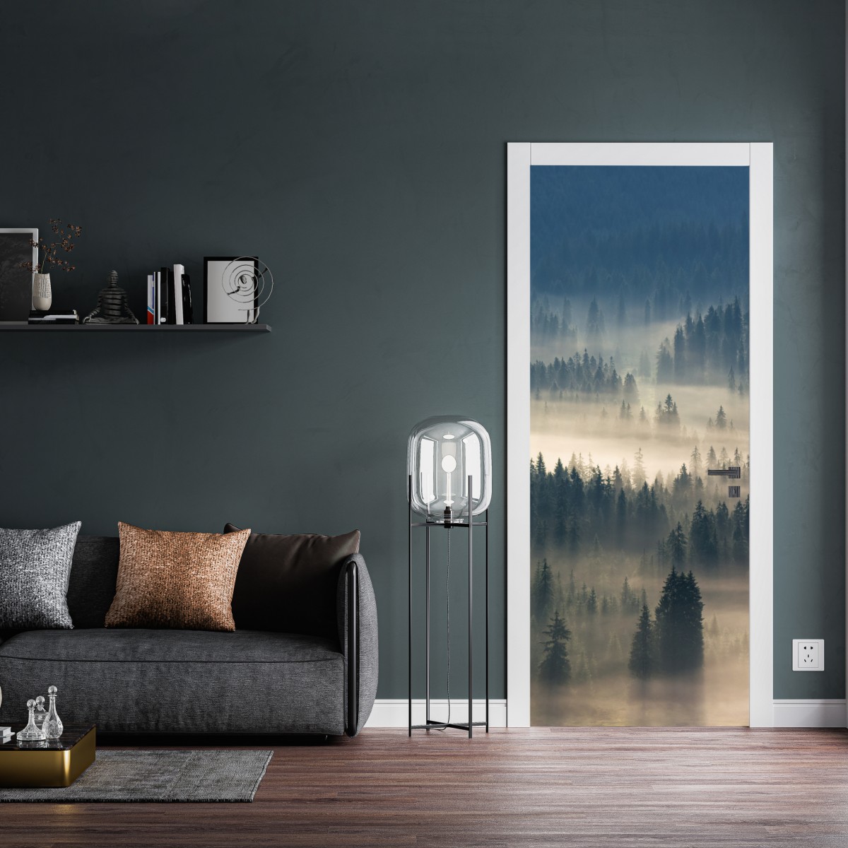 Naklejka na drzwi mglisty las iglasty o świcie – Wallissimo® Naklejka na drzwi mglisty las iglasty o świcie – Wallissimo®