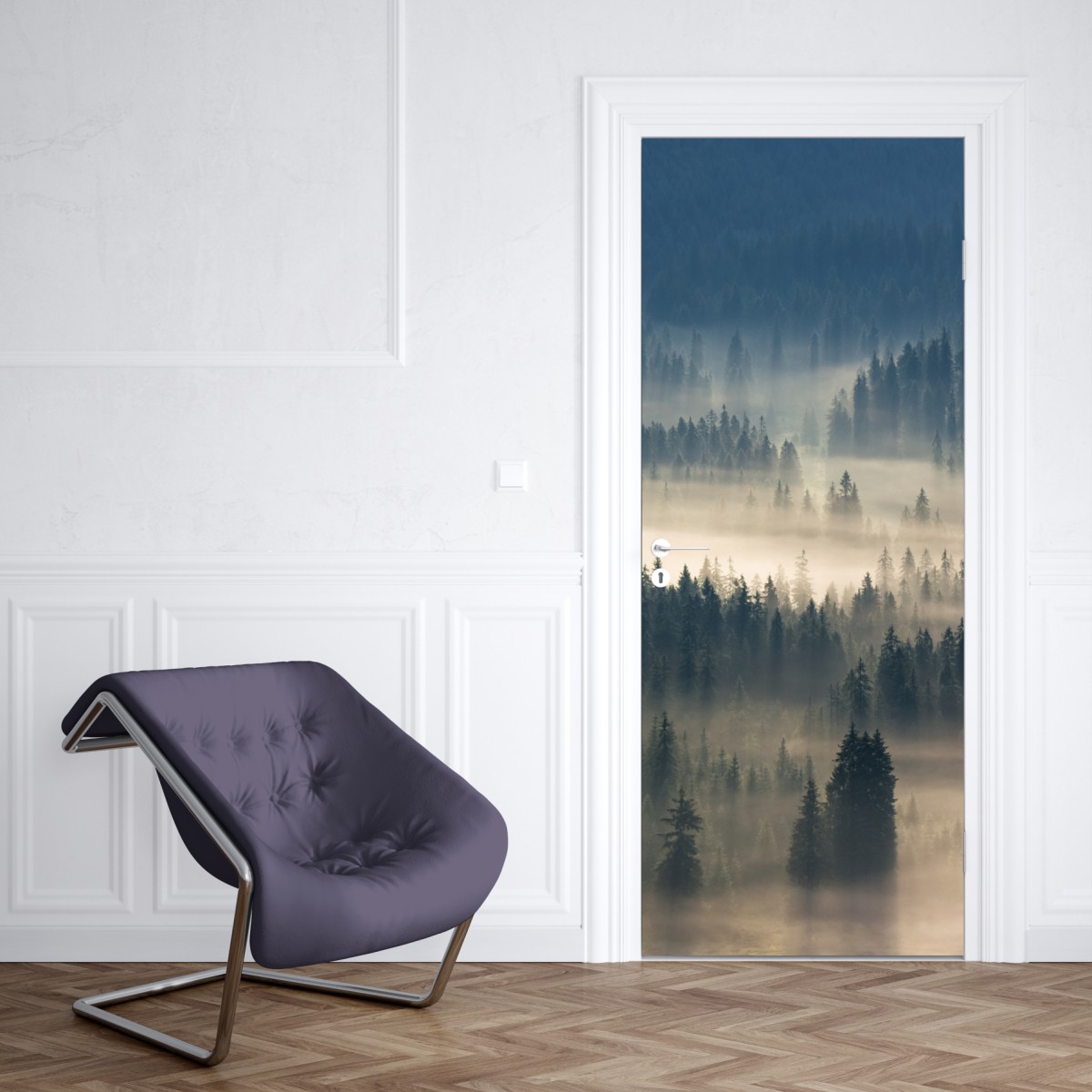 Naklejka na drzwi mglisty las iglasty o świcie – Wallissimo® Naklejka na drzwi mglisty las iglasty o świcie – Wallissimo®