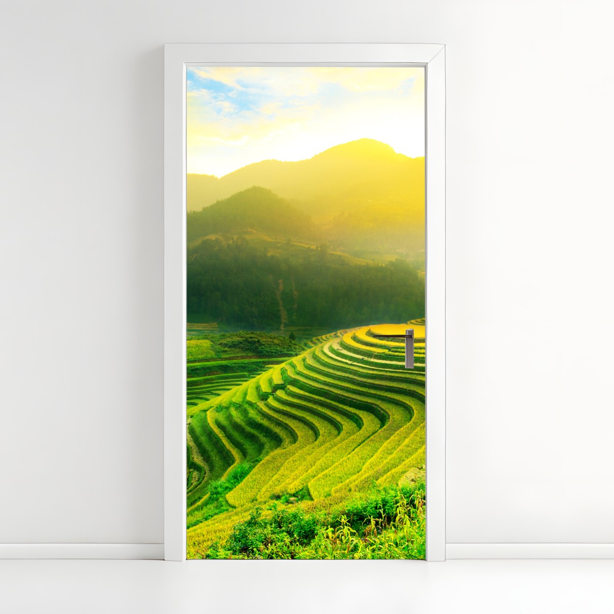 Door sticker golden terraced rice fields at sunrise
