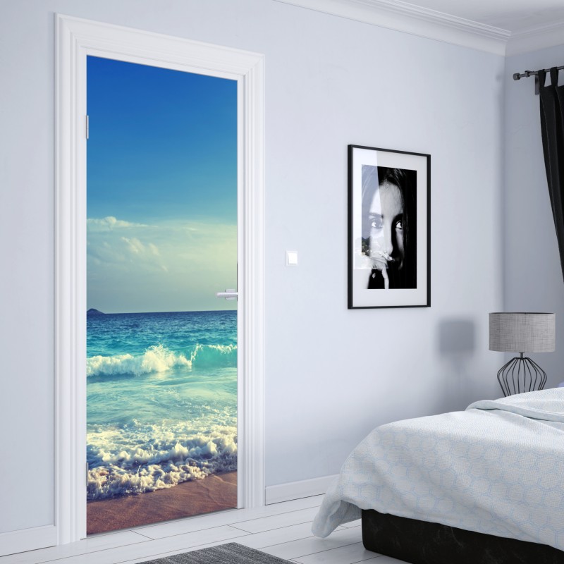 Naklejka na drzwi plaża na Seszelach o zachodzie słońca – Wallissimo® Naklejka na drzwi plaża na Seszelach o zachodzie słońca – Wallissimo®