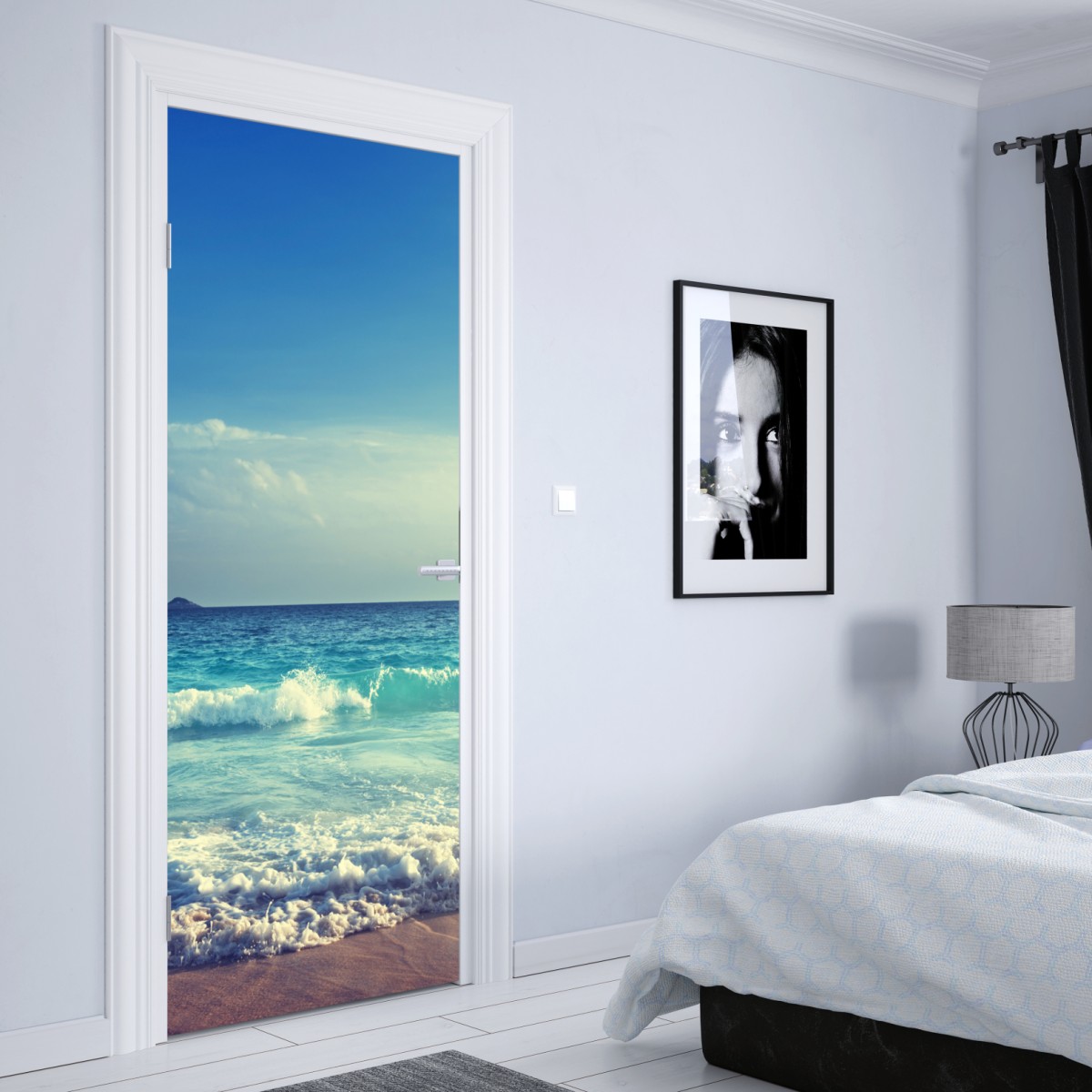 Naklejka na drzwi plaża na Seszelach o zachodzie słońca – Wallissimo® Naklejka na drzwi plaża na Seszelach o zachodzie słońca – Wallissimo®