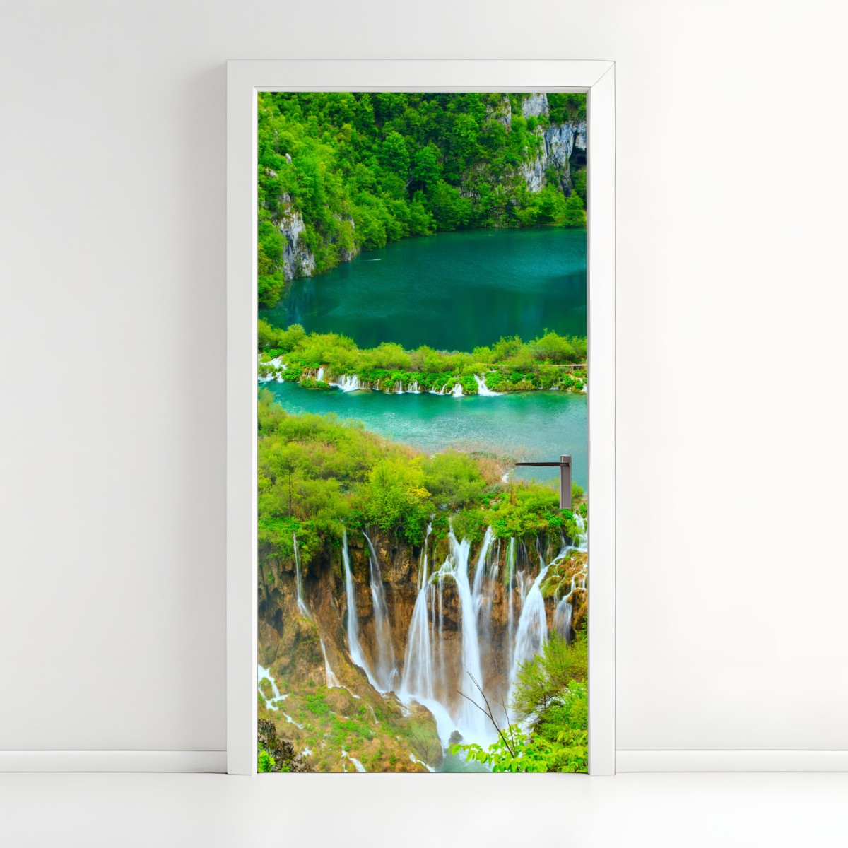 Door sticker lush waterfall and turquoise lakes panorama