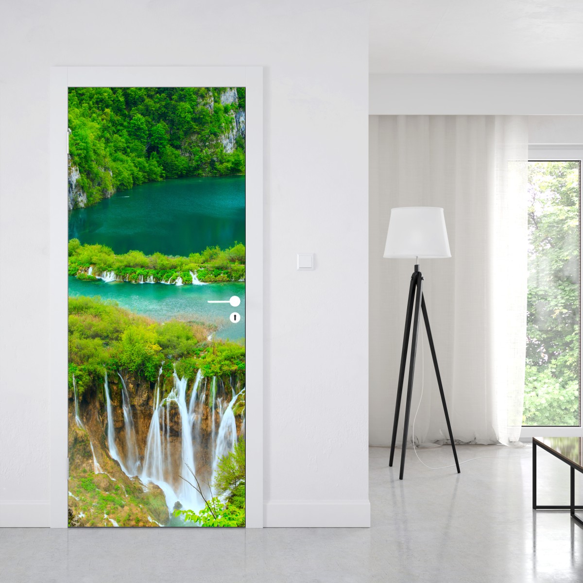 Naklejka na drzwi bujny wodospad i turkusowe jeziora – Wallissimo® Naklejka na drzwi bujny wodospad i turkusowe jeziora – Wallissimo®