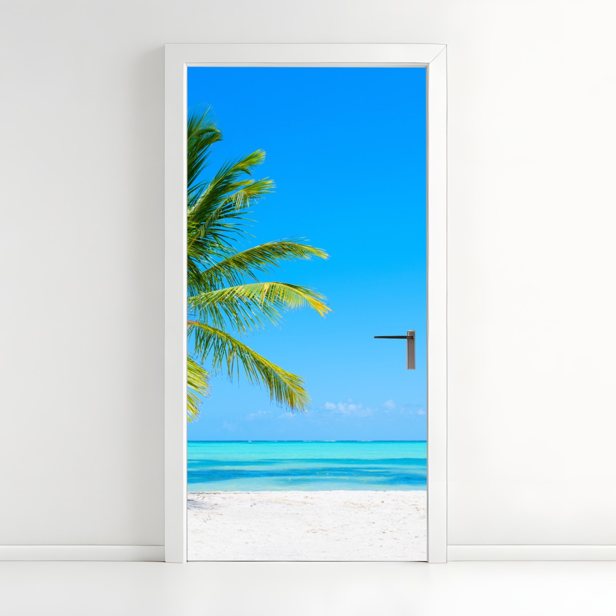 Door sticker tropical palm on white sand beach