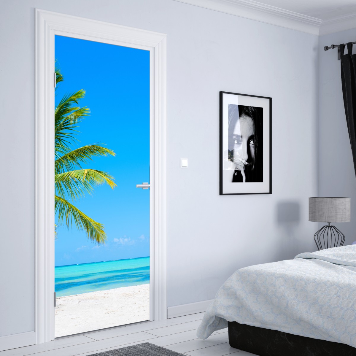 Naklejka na drzwi tropikalna palma na białej plaży – Wallissimo® Naklejka na drzwi tropikalna palma na białej plaży – Wallissimo®