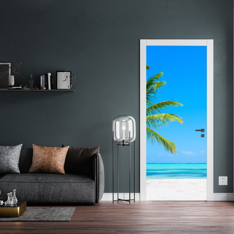 Naklejka na drzwi tropikalna palma na białej plaży – Wallissimo® Naklejka na drzwi tropikalna palma na białej plaży – Wallissimo®