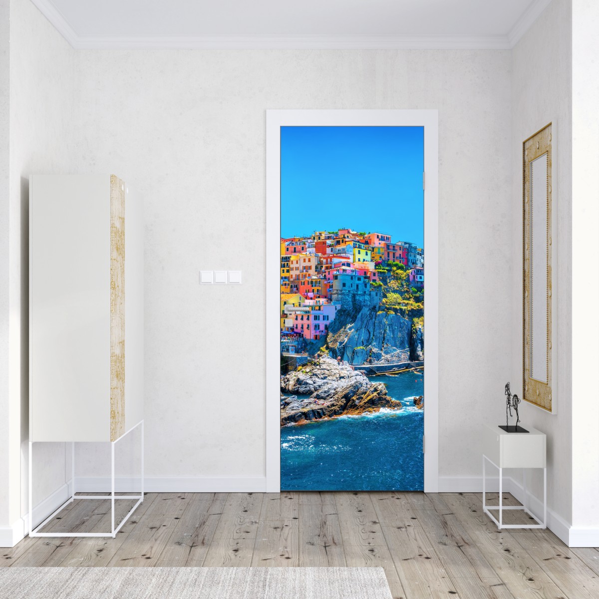 Naklejka na drzwi kolorowa wioska na klifie nad morzem – Wallissimo® Naklejka na drzwi kolorowa wioska na klifie nad morzem – Wallissimo®