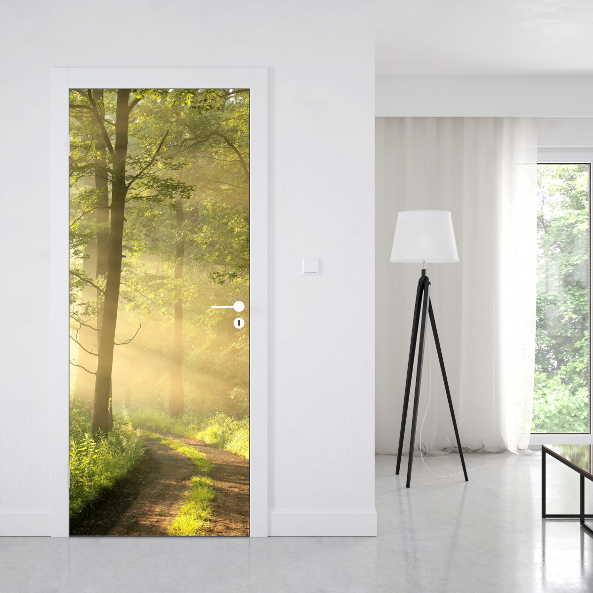 Naklejka na drzwi poranne światło w lesie – Wallissimo® Naklejka na drzwi poranne światło w lesie – Wallissimo®