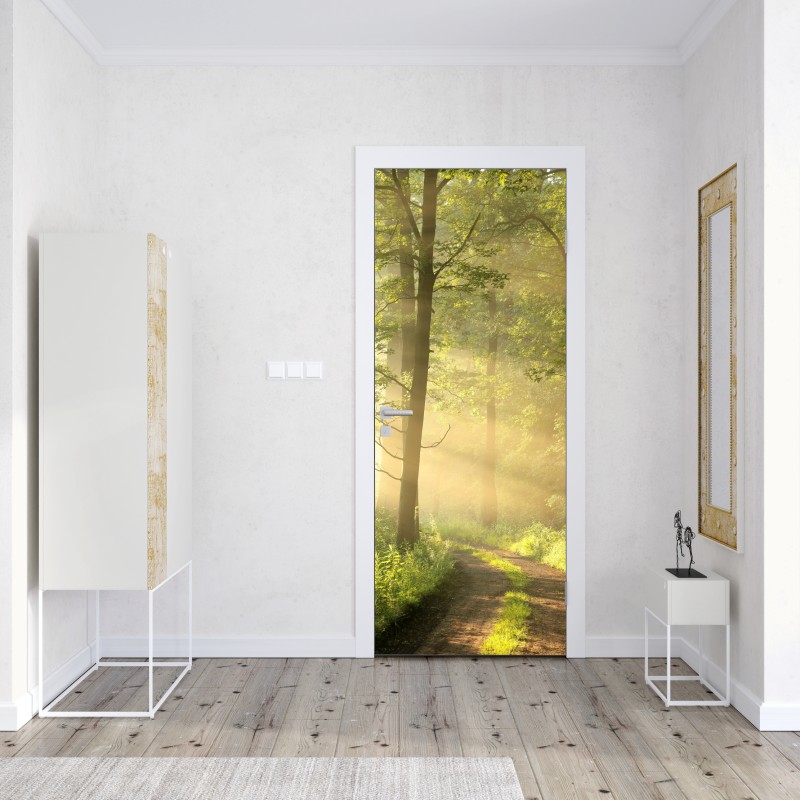 Naklejka na drzwi poranne światło w lesie – Wallissimo® Naklejka na drzwi poranne światło w lesie – Wallissimo®