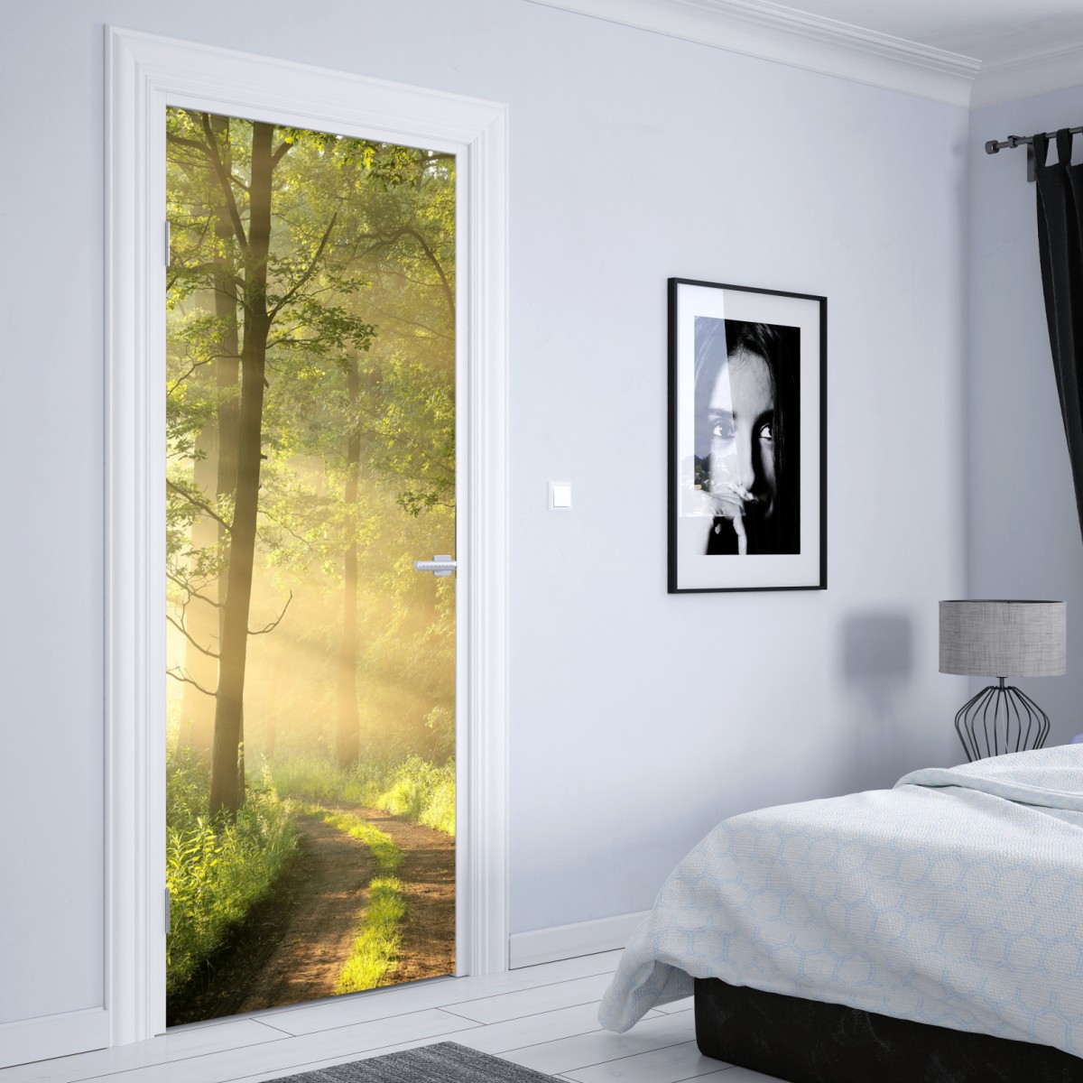 Naklejka na drzwi poranne światło w lesie – Wallissimo® Naklejka na drzwi poranne światło w lesie – Wallissimo®