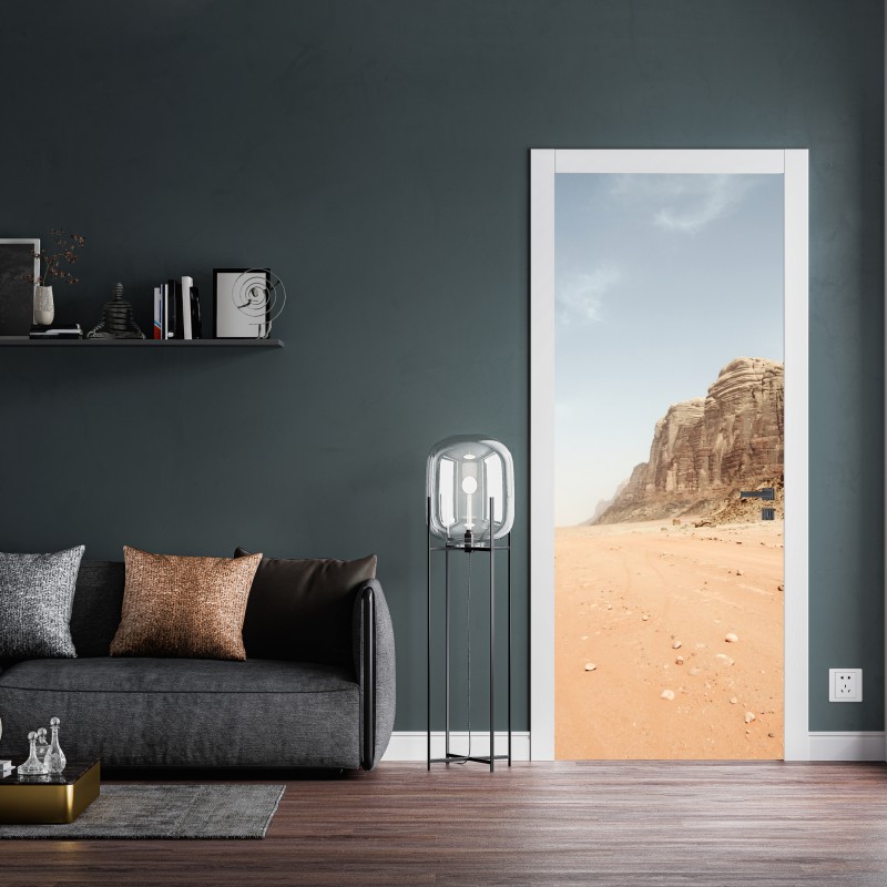 Naklejka na drzwi rozległa panorama pustyni Wadi Rum, Jordania – Wallissimo® Naklejka na drzwi rozległa panorama pustyni Wadi Rum, Jordania – Wallissimo®