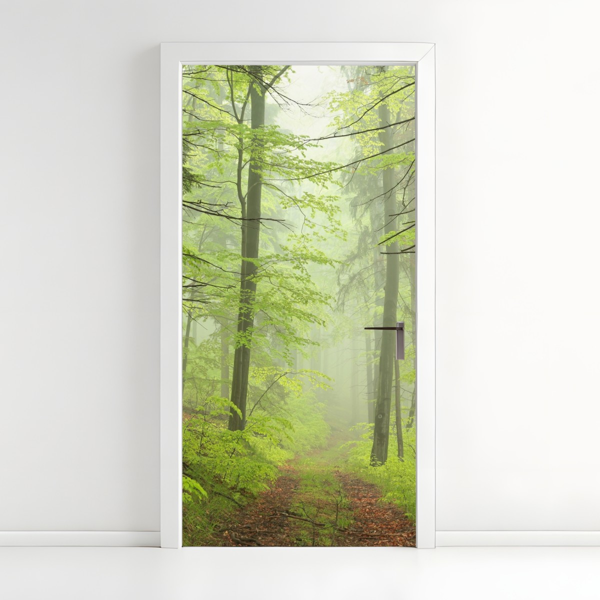 Door sticker misty green forest trail