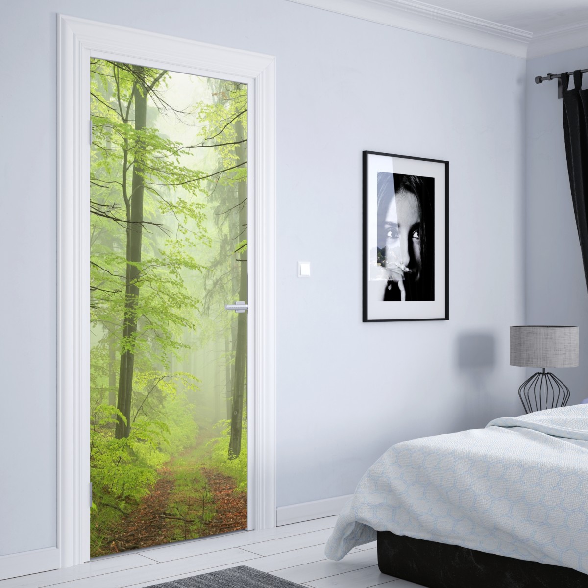 Naklejka na drzwi mglisty zielony leśny szlak – Wallissimo® Naklejka na drzwi mglisty zielony leśny szlak – Wallissimo®