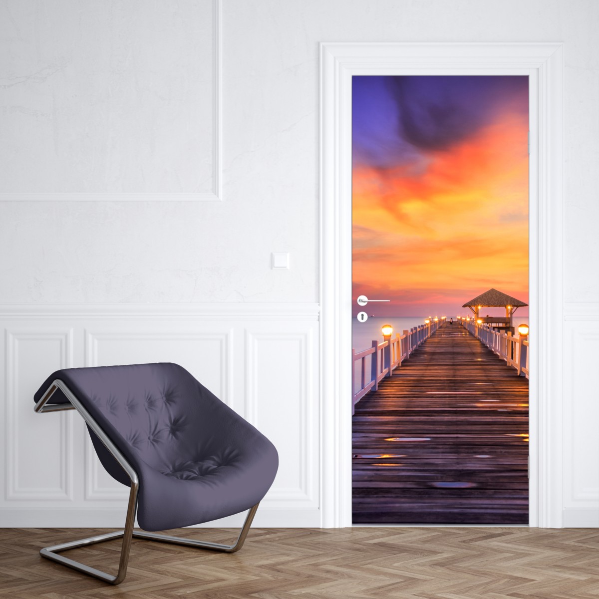 Naklejka na drzwi drewniany pomost o wschodzie słońca – Wallissimo® Naklejka na drzwi drewniany pomost o wschodzie słońca – Wallissimo®
