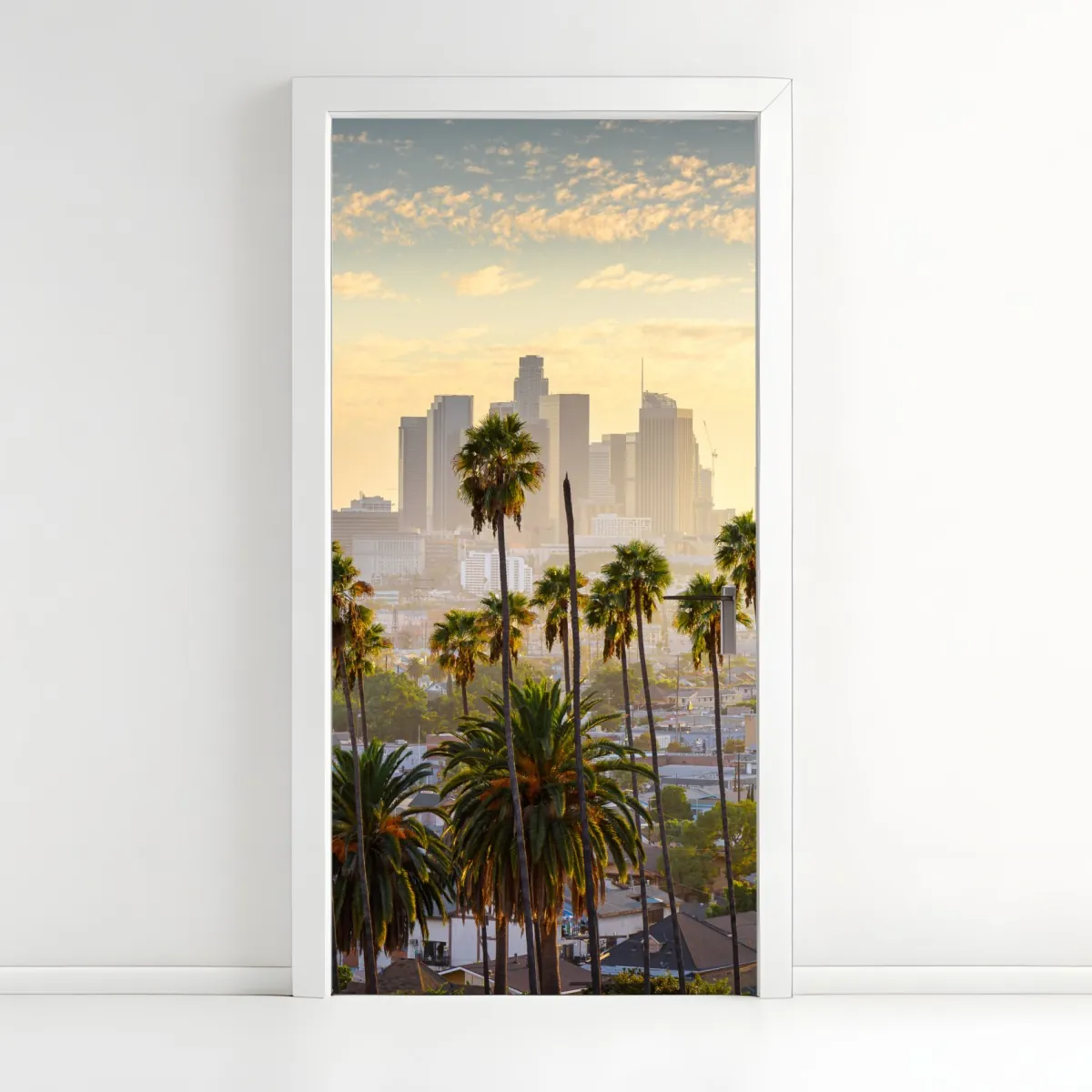Naklejka na drzwi złota panorama Los Angeles z palmami – Wallissimo® Naklejka na drzwi złota panorama Los Angeles z palmami – Wallissimo®