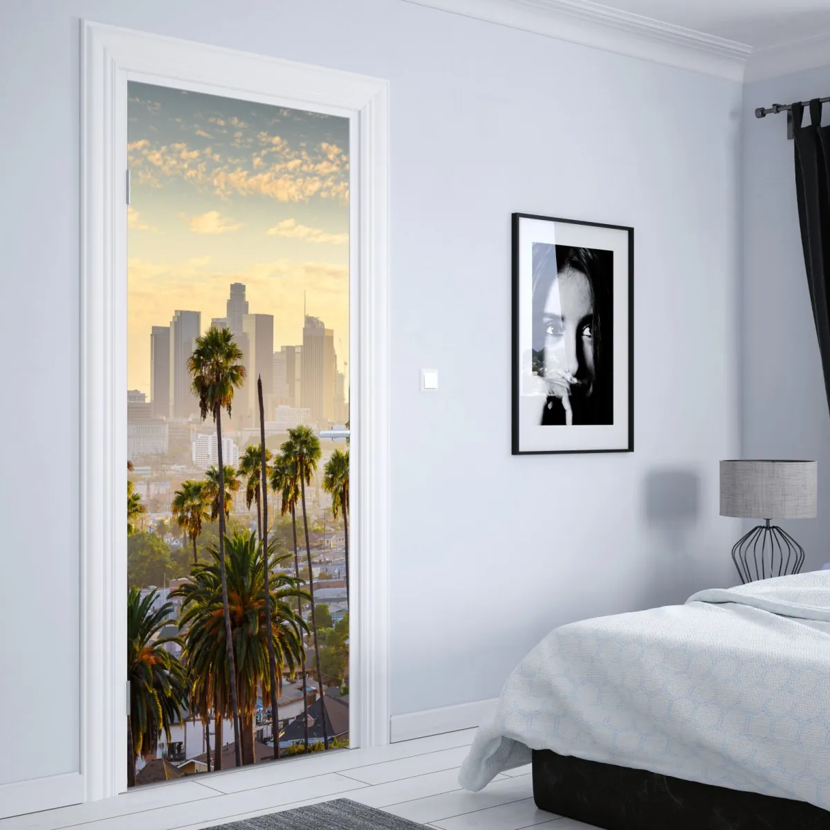 Naklejka na drzwi złota panorama Los Angeles z palmami – Wallissimo® Naklejka na drzwi złota panorama Los Angeles z palmami – Wallissimo®