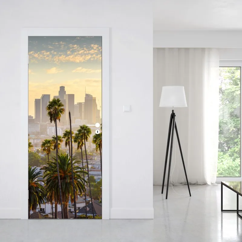 Naklejka na drzwi złota panorama Los Angeles z palmami – Wallissimo® Naklejka na drzwi złota panorama Los Angeles z palmami – Wallissimo®