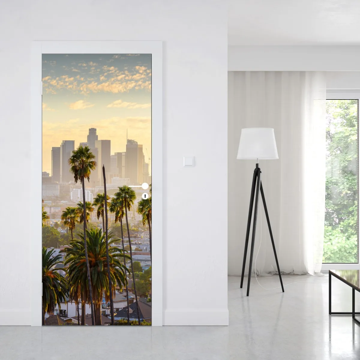 Naklejka na drzwi złota panorama Los Angeles z palmami – Wallissimo® Naklejka na drzwi złota panorama Los Angeles z palmami – Wallissimo®