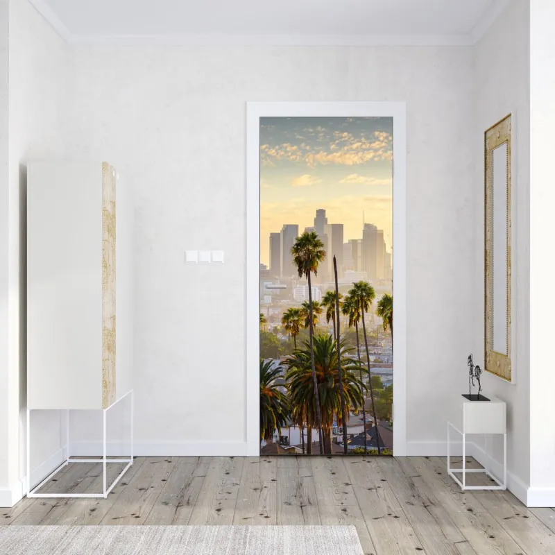 Naklejka na drzwi złota panorama Los Angeles z palmami – Wallissimo® Naklejka na drzwi złota panorama Los Angeles z palmami – Wallissimo®