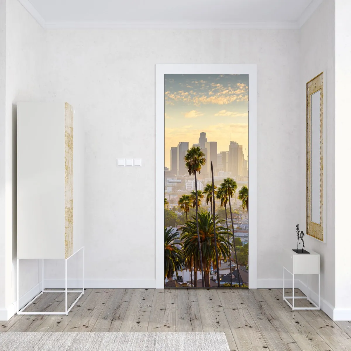 Naklejka na drzwi złota panorama Los Angeles z palmami – Wallissimo® Naklejka na drzwi złota panorama Los Angeles z palmami – Wallissimo®