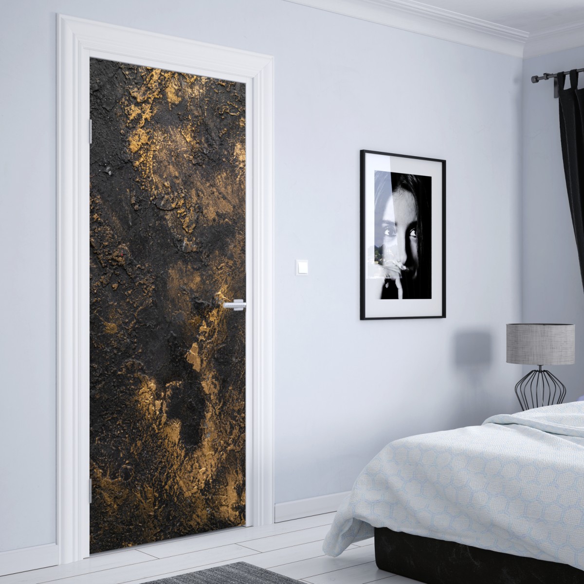 Naklejka na drzwi czarno-złota teksturowana abstrakcja ścienna – Wallissimo® Naklejka na drzwi czarno-złota teksturowana abstrakcja ścienna – Wallissimo®