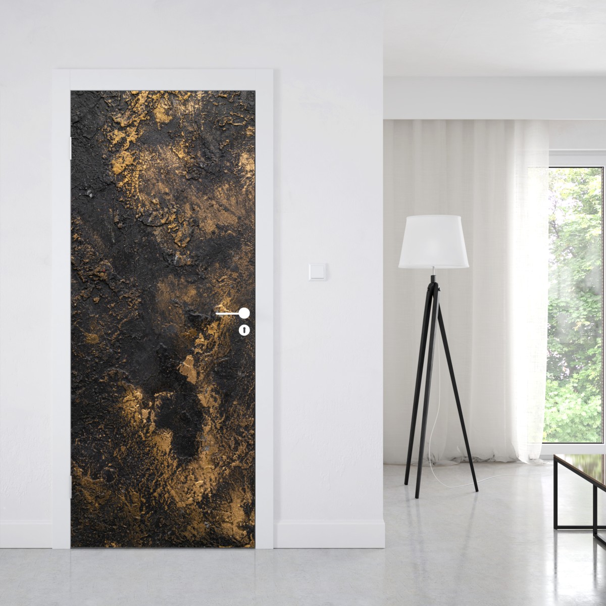 Naklejka na drzwi czarno-złota teksturowana abstrakcja ścienna – Wallissimo® Naklejka na drzwi czarno-złota teksturowana abstrakcja ścienna – Wallissimo®