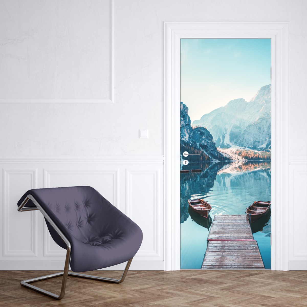 Naklejka na drzwi spokojny poranek nad jeziorem Braies, Dolomity – Wallissimo® Naklejka na drzwi spokojny poranek nad jeziorem Braies, Dolomity – Wallissimo®