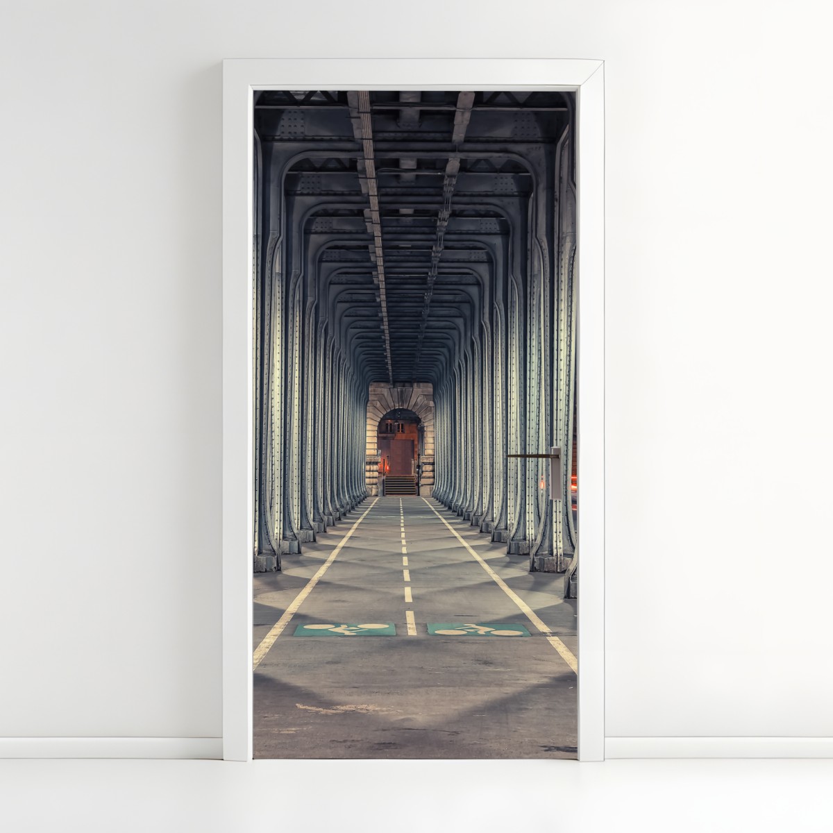 Door sticker symmetrical iron bridge corridor at night