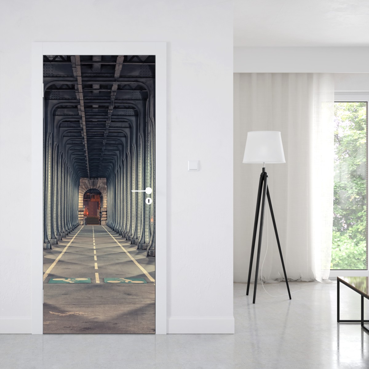 Naklejka na drzwi symetryczny korytarz stalowego mostu nocą – Wallissimo® Naklejka na drzwi symetryczny korytarz stalowego mostu nocą – Wallissimo®