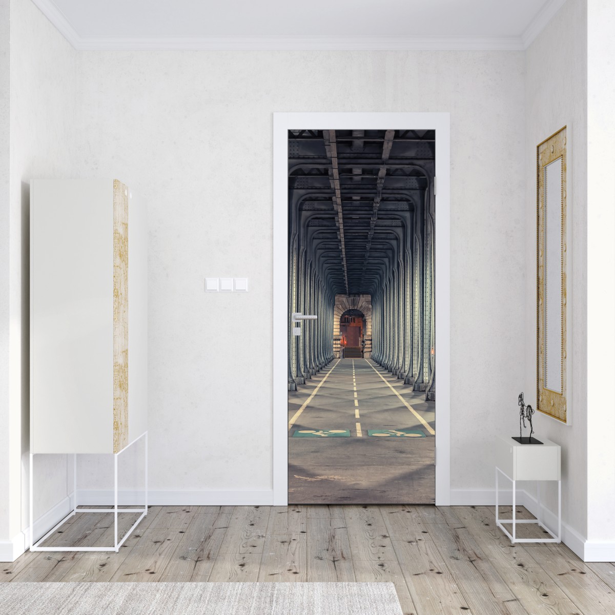 Naklejka na drzwi symetryczny korytarz stalowego mostu nocą – Wallissimo® Naklejka na drzwi symetryczny korytarz stalowego mostu nocą – Wallissimo®