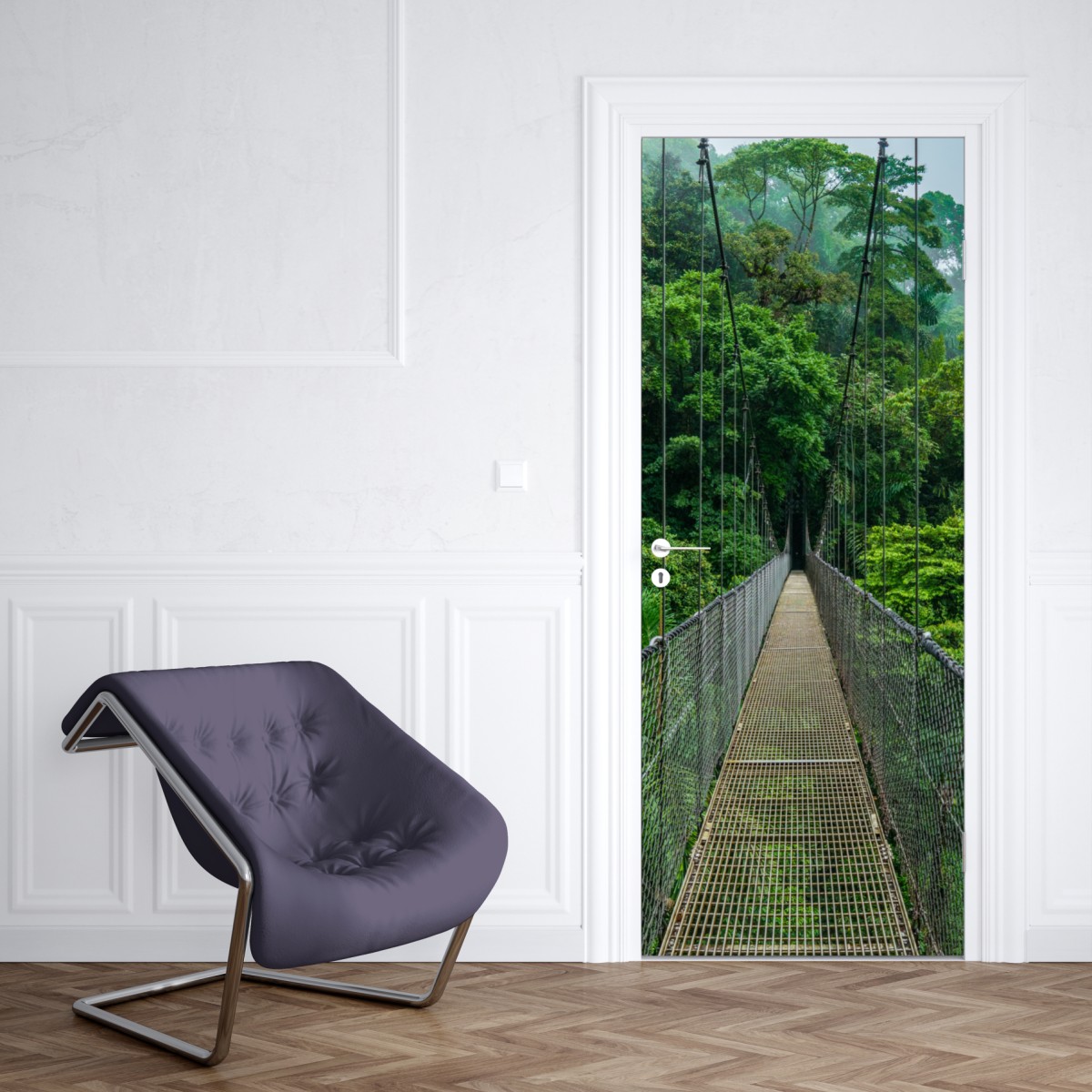 Naklejka na drzwi wiszący most w bujnej dżungli – Wallissimo® Naklejka na drzwi wiszący most w bujnej dżungli – Wallissimo®