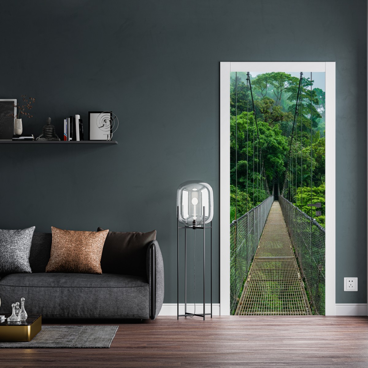 Naklejka na drzwi wiszący most w bujnej dżungli – Wallissimo® Naklejka na drzwi wiszący most w bujnej dżungli – Wallissimo®